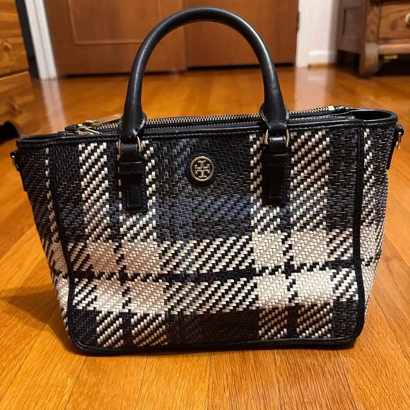 Tory Burch Black and Cream Checkered Satchel - Picture 1 of 16